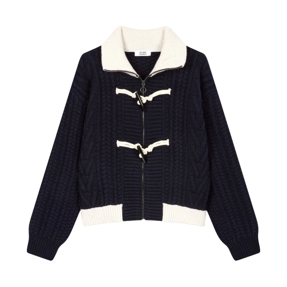 Korean brand Studio Tomboy Navy Cable Knit Cardigan Jacket